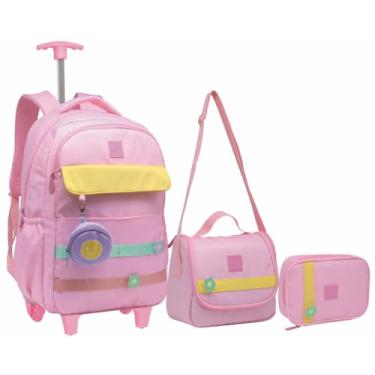 Imagem de Kit Mochila Feminina De Rodinha Juvenil Escolar Com Chaveiro Abertura 180° (ROSA)