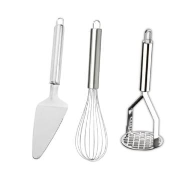 Imagem de Cozinha 3 Peças: Amassador de Batatas Inox + Fouet + Espátula de Bolo Utensílios Domésticos(COMPLETO)