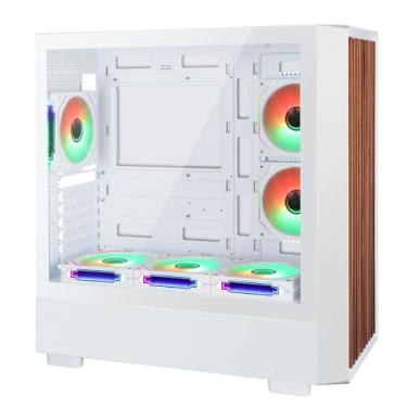 Imagem de D2-W-F Capa para PC ATX de painel lateral de vidro temperado de alto fluxo de ar - Frente de madeira de nogueira com 6 ventiladores ARGB PWM, chassi de jogos de câmara dupla, suporte RAD de 360 mm