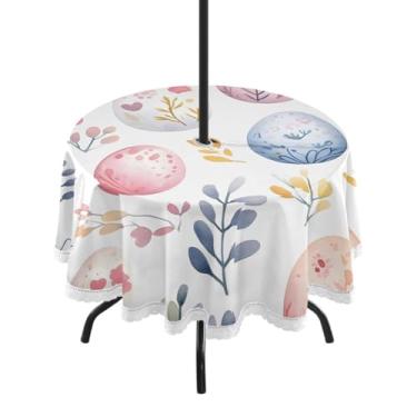 Imagem de Blueangle Toalha de mesa redonda impermeável com ovos coloridos de Páscoa de 152 cm com orifício para guarda-chuva - Tecido resistente à prova de sol para todos os climas para pátio, acampamento