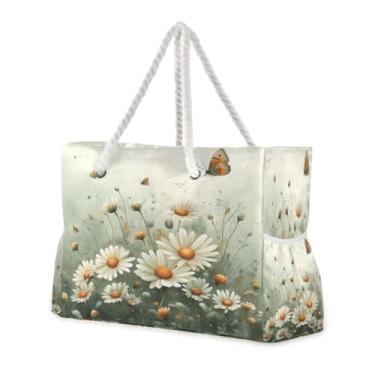 Imagem de ATTX Aquarela Prado Margaridas Bolsas de Praia para Mulheres - Bolsas de Praia Grandes com Zíper Impermeável À Prova de Areia Saco de Piscina Bolsa Grande #279