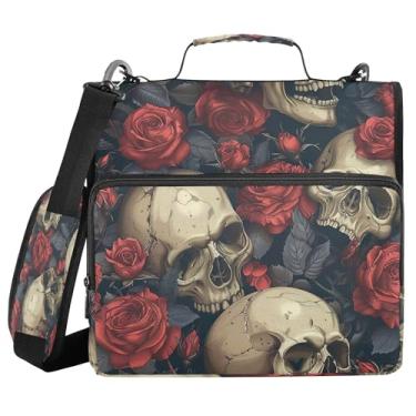 Imagem de SEHANY Fichário com zíper de caveira e flor com alça de ombro, capacidade para 500 folhas, vários bolsos, fichário com 3 anéis e zíper de 3 anéis