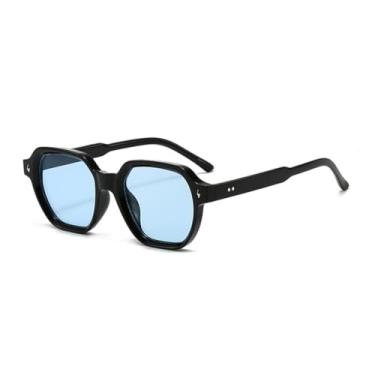 Imagem de HCHES Óculos de Sol Femininos com Rebites, Formato Hexagonal, Estilo Retrô Casual, Proteção UV400 (Preto e Azul)