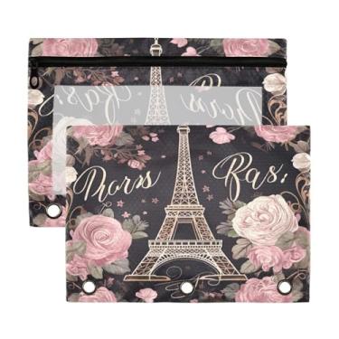 Imagem de Blueangle Bolsa para lápis da Torre Eiffel com flores para fichário com 3 anéis, 2 unidades com bolsa para lápis com janela transparente e zíper para escritório (505)