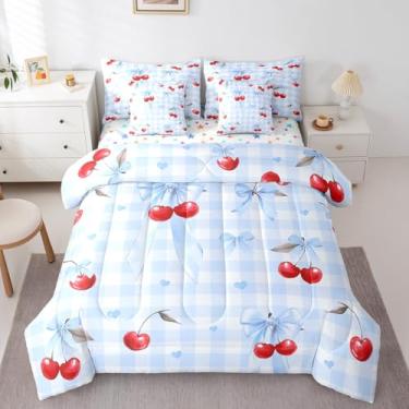 Imagem de Erosebridal Jogo de cama casal de 7 peças, com estampa de princesa de fantasia e nó de gravata borboleta com lençol de cima e lençol com elástico, lençol de cima e lençol com elástico, xadrez listrado