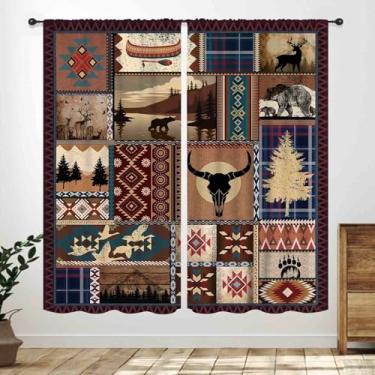 Imagem de Cortina retrô de cozinha, chalés vintage, animais, veado, alce, urso, animais selvagens, estilo country, tratamentos de janela, cortinas para quarto, sala de estar, banheiro, 2 painéis, 106 x 137 cm