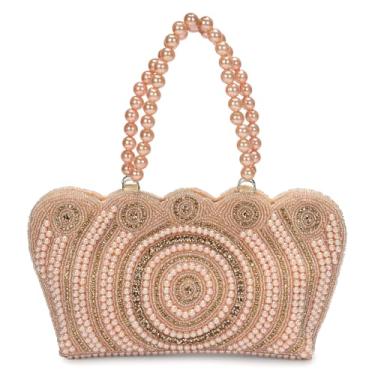 Imagem de LONGING TO BUY Elegante bolsa clutch para noite com contas de pérolas, padrão redemoinho rosa blush, detalhes dourados, 20 x 15 x 7 cm, Pêssego-1, 8 X 6 X 3 Inches