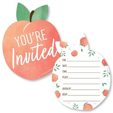 Imagem de Big Dot of Happiness Doce como um pêssego - Convites de preenchimento em forma de concha - Cartões de convite para chá de bebê ou festa de aniversário com envelopes com tema de frutas - Conjunto de 12