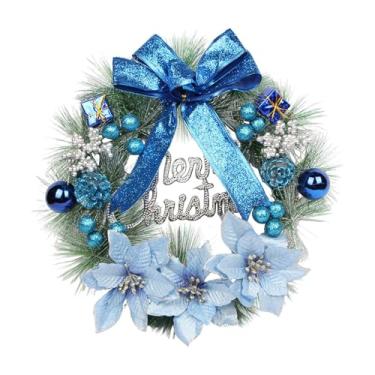 Imagem de predolo Guirlanda de Natal artificial de 30 cm com flores, ideal para pendurar em lareiras internas e externas, perfeita para festas de ação de Graças, Azul