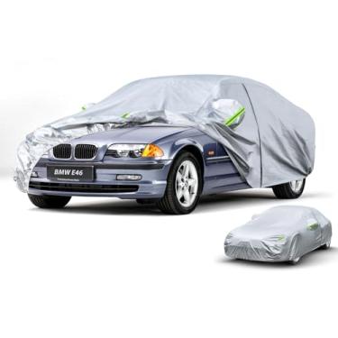 Imagem de Kaugung Capa de carro personalizada para BMW Série 3 E46 (1998-2006), 6 camadas à prova de vento para todos os climas, à prova d'água, proteção contra sol, chuva, UV, poeira e neve. Prata