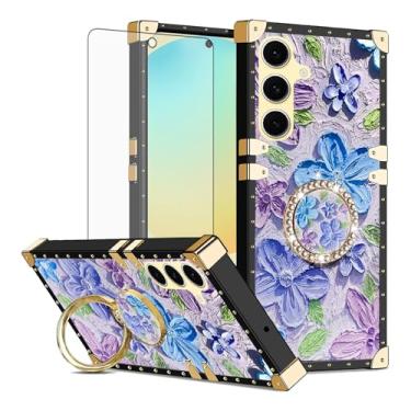 Imagem de Asuwish Capa de celular para Samsung Galaxy S24 FE 5G capa magnética com protetor de tela de vidro temperado e anel protetor de flor de pintura suporte rígido S 24 EF AI S24FE 24S 24FE mulheres