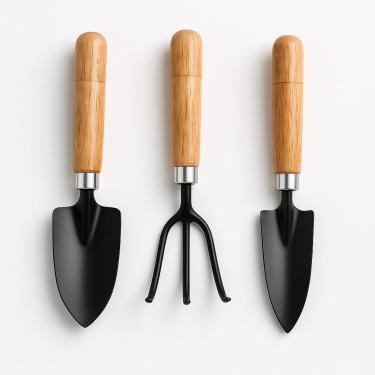 Imagem de Kit de Jardinagem Mini 3 Peças com Cabo de Madeira – Pá 17cm, Ancinho 15cm e Pá Estreita 17cm | Para Plantas, Vasos, Suculentas, Horta e Cultivo Doméstico