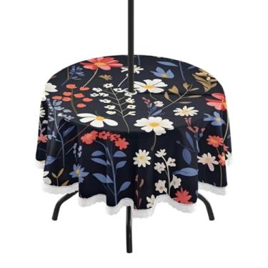 Imagem de CEBUGI Toalha de mesa redonda para uso ao ar livre, aquarela, floral, impermeável, com furo Umberlla, capa de mesa lavável para pátio, cozinha, sala de jantar, 152 cm