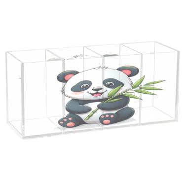 Imagem de CEBUGI Porta-lápis de acrílico com 4 compartimentos, organizador de pincéis de maquiagem fofo de panda de desenho animado para armazenamento em mesa de escritório em casa