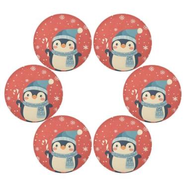 Imagem de Wassud Jogo americano conjunto de 6 tapetes redondos de pinguim fofos para cozinha e jantar tapetes laváveis decoração de mesa 39 cm