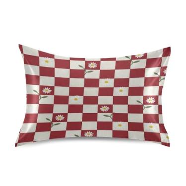 Imagem de Wassud Fronha de almofada de cetim com flor xadrez vermelha e branca para cabelo e pele, fronhas de seda lisa, tamanho queen, respirável, com fecho de envelope