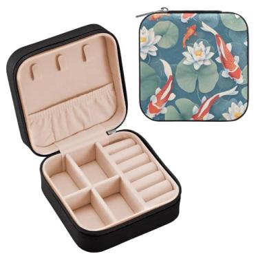 Imagem de YETTASBIN Koi Fish Caixa de joias de lótus para adolescentes, meninas, mulheres, presente de aniversário, Natal, caixa de armazenamento portátil de couro PU, mini estojo de joias de viagem para colar