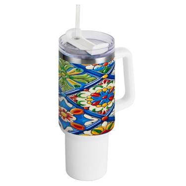 Imagem de Kigai Copo de 1,134 g com tampa e canudo, azulejos de cerâmica estilo mexicano, à prova de vazamento, durável, copo isolado de aço inoxidável com alça, garrafas de água à prova de derramamento para