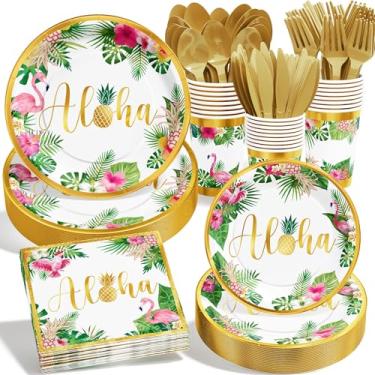 Imagem de Ecomore Hawaiian Luau Party Decorations Supplies - 175 PCS Aloha Tropical Birthday Disposable Dinnerware Set (25 Guest) Paper Plates Cup Napkin Plastic Fork Knives Spoon for Summer Holiday Beach(Gold)