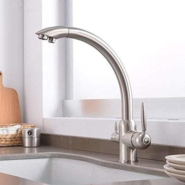 Imagem de Filtro de água de 3 vias torneira de cozinha torneira misturadora de água potável montada no convés, purificador pias de cozinha guindaste eot frio escovado