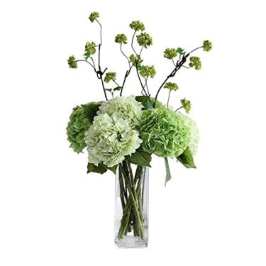Imagem de LMJYU Conjunto de hortênsias de interior de flores artificiais, planta artificial decorativa com vaso de vidro, buquê de simulação, arranjo de flores