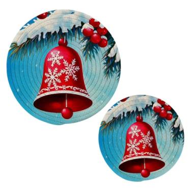 Imagem de Wassud Conjunto de trivet de sinos vermelhos de Natal para pratos quentes, suportes redondos de algodão, almofadas quentes, porta-copos elegantes, decoração de cozinha e acessórios, 2 peças