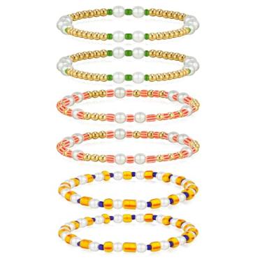 Imagem de doubgood Pulseira de pérola, 6 peças, pulseiras coloridas de ouro elástico, pulseira de contas de ouro para mulheres, meninas, presentes de Natal, joias modernas, 7.25 Inches, Cobre e pérola, Sem