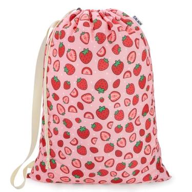 Imagem de Bolsa de roupa suja de lona com alça de ombro 61 cm x 73 cm, bolsa de roupas sujas com cordão grande, saco lavável para roupa suja para dormitório universitário, viagens, casa, acampamento (morango)