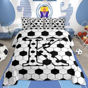 Imagem de jejeloiu Conjunto de cama de futebol macio para meninos e meninas, presentes inspiradores para amantes de futebol, conjunto de edredom solteiro, com inicial K, edredom de microfibra, bola esportiva