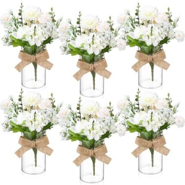 Imagem de Zeyune 6 conjuntos de vasos cilíndricos de vidro com hortênsias artificiais de folhas de eucalipto Gypsophila fio de serapilheira para mesa de casa decoração de centro de mesa para decoração de festa