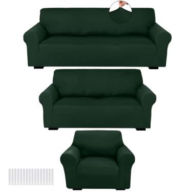 Imagem de Peryiter Conjunto de 3 capas de sofá para sofá e poltrona, elástico, sem rugas, protetor de móveis (verde escuro, elastano de seda leite)