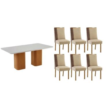 Imagem de Sala Jantar Mesa Maldivas Tampo c/ Vidro Curvo 180cm+6 Cadeiras Tilia Madeira Naturale/Off White - Capuccino/Linho Bege - Rufato
