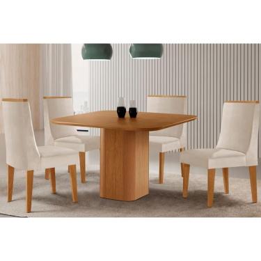 Imagem de Sala Jantar Mesa Maldivas Tampo Curvo 90cm+4 Cadeiras Dakota Madeira Naturale - Capuccino/Suede Creme - Rufato