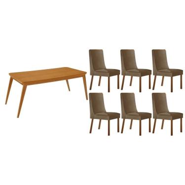 Imagem de Sala Jantar Mesa Havana Tampo Curvo 180cm+6 Cadeiras Dakota Madeira Naturale - Capuccino/Suede Capuccino - Rufato