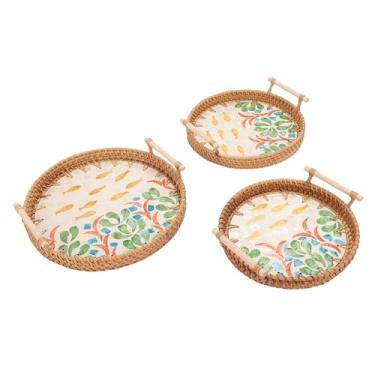 Imagem de GLOGLOW Bandeja Redonda de Vime Com Alças, Cesta Tecida de Videira de Outono Feita à Mão para Cozinha, Mesa de Jantar, Sala de Estar, Alça Dupla, Peça Central Decorativa para Lanches, Frutas, café