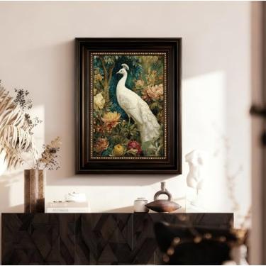 Imagem de VIYYIEA Arenito texturizado 3D 40,6 x 50,8 cm elegante pavão branco tapeçaria arte de parede emoldurada premium pronto para pendurar para sala de estar quarto sala de jantar decoração