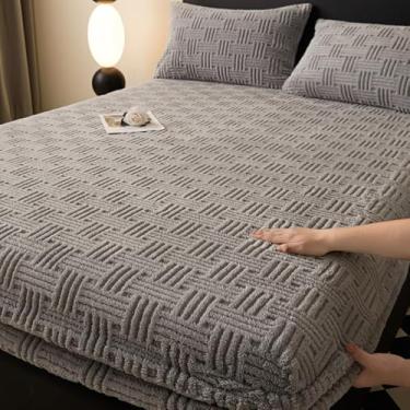 Imagem de Capa protetora de colchão de veludo macio engrossado com bolso profundo de 30,5 cm à prova de poeira, lençol com elástico respirável e antiderrapante para solteiro/casal/Queen/King, cinza|||180 x 200