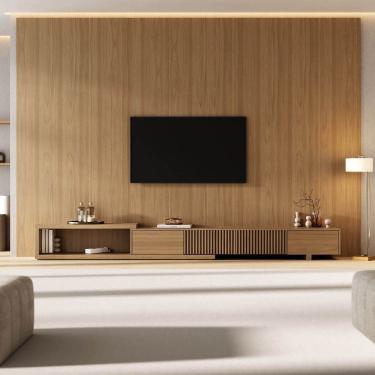 Imagem de Rack Extensível com Painel para Tv até 86 Polegadas Ripado 360x230cm Aruá Cabecasa Madeiraoriginals Jatoba