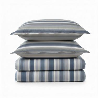 Imagem de Kit Cobre Leito Colcha Magnus Queen 3 Peças Dupla Face Estampado Geométrico - Listas Blue - 100% Poliéster