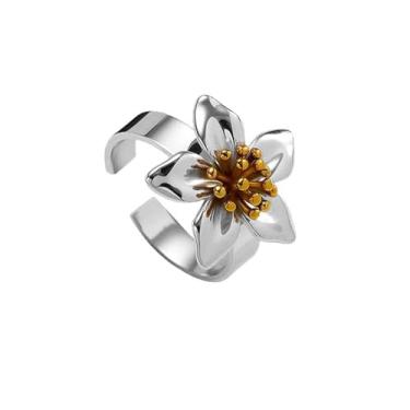 Imagem de Dtja Delicado anel de declaração de flor de lírio com contas para mulheres metal banhado a prata anéis de dedo flor de cerejeira ajuste confortável acessórios elegantes vestido festa de casamento joia