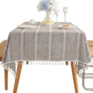 Imagem de Toalha de mesa luxuosa de linho vazado de algodão com franja de borla, capa de mesa decorativa para mesas de jantar quadradas e retangulares, toalha de mesa texturizada para cozinha, festas