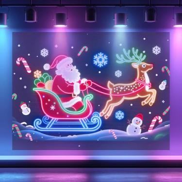 Imagem de BlissYard Tapeçaria de Papai Noel Passeio de Trenó Luz Negra Neon Feliz Natal Rena Doce Cana Reativa UV Decoração de Natal Brilha no Escuro para Quarto Sala de Estar 198 x 159 cm