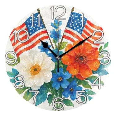 Imagem de GAIGEO Relógio de parede analógico decorativo relógio de cozinha rústico operado por bateria, decoração de parede moderna para sala de estar, buquê de aquarela, bandeira americana, 25 cm, ponteiros