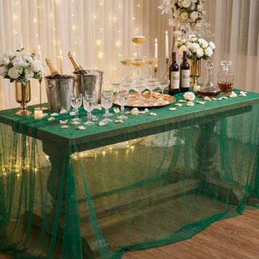 Imagem de Horaldaily Toalha de mesa de gaze verde escura pérola verde 152 × 300 cm, retangular, primavera, verão, tule, renda, gaze, toalha de mesa de chá de noiva para decoração de mesa de aniversário de
