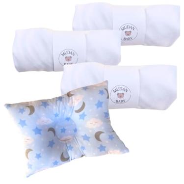 Imagem de Kit Lençol 100% Algodão Malha Elástico Total e Travesseiro Anatômico Lua e Estrela Berço Carrinho 4 Peças