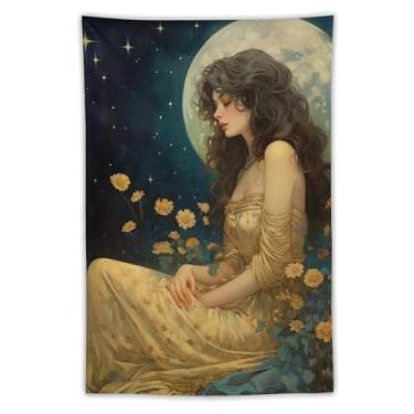 Imagem de Tapeçaria sonhadora lua cheia cabelo encaracolado menina em vestido dourado arte de parede boho celestial quarto decoração suave romântica cena noturna com flores silvestres amarelas e céu estrelado