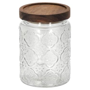 Imagem de 1 pote de vidro vintage estilo flor Crabapple com tampa de madeira maciça, recipiente de armazenamento de cozinha para açúcar, café, chá, biscoitos, sal de banho - Pote decorativo para despensa e