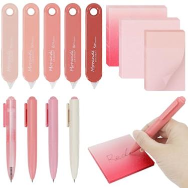 Imagem de MultiBey Conjunto de fitas corretivas gradientes, 5 fitas corretivas com 4 peças de mini canetas esferográficas fofas e 3 blocos de notas adesivas com glitter, kit de material estético de volta às