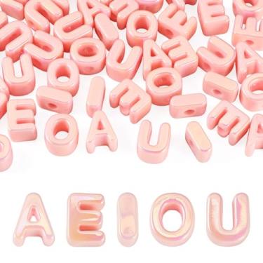 Imagem de FASHEWELRY 50 peças de contas acrílicas de letras de vogal grandes blocos de letras de plástico amuletos letras 3D contas grossas do alfabeto para chaveiros colar DIY artes projetos de artesanato rosa