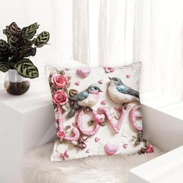 Imagem de Conjunto de 1 capa de almofada decorativa de pássaro, capa de almofada quadrada para sofá de dia dos namorados, capa de almofada de casa de fazenda ao ar livre para sofá, sala de estar, quarto